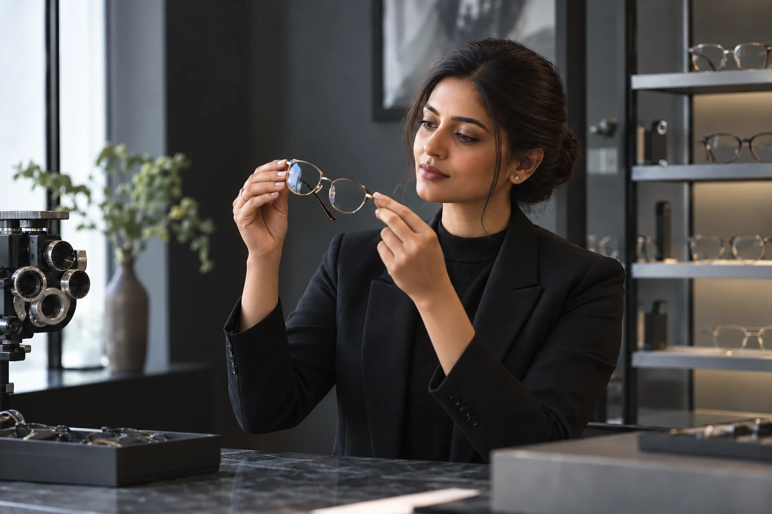 Illustrative optical professional assessing a pair of glasses