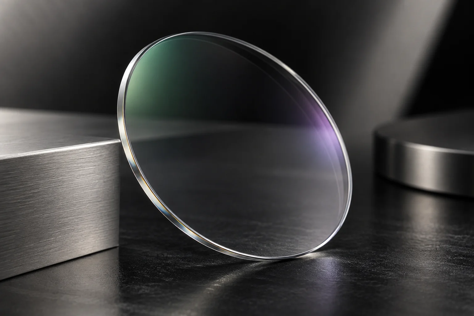 A clear anti-reflective lens with restrained green and violet reflections