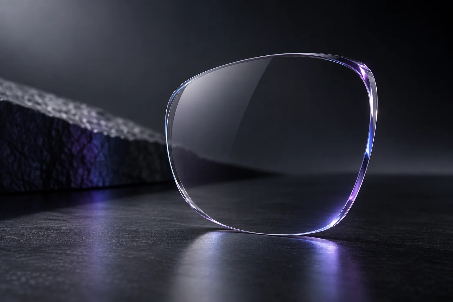 A sculptural clear ophthalmic lens illuminated by violet edge light
