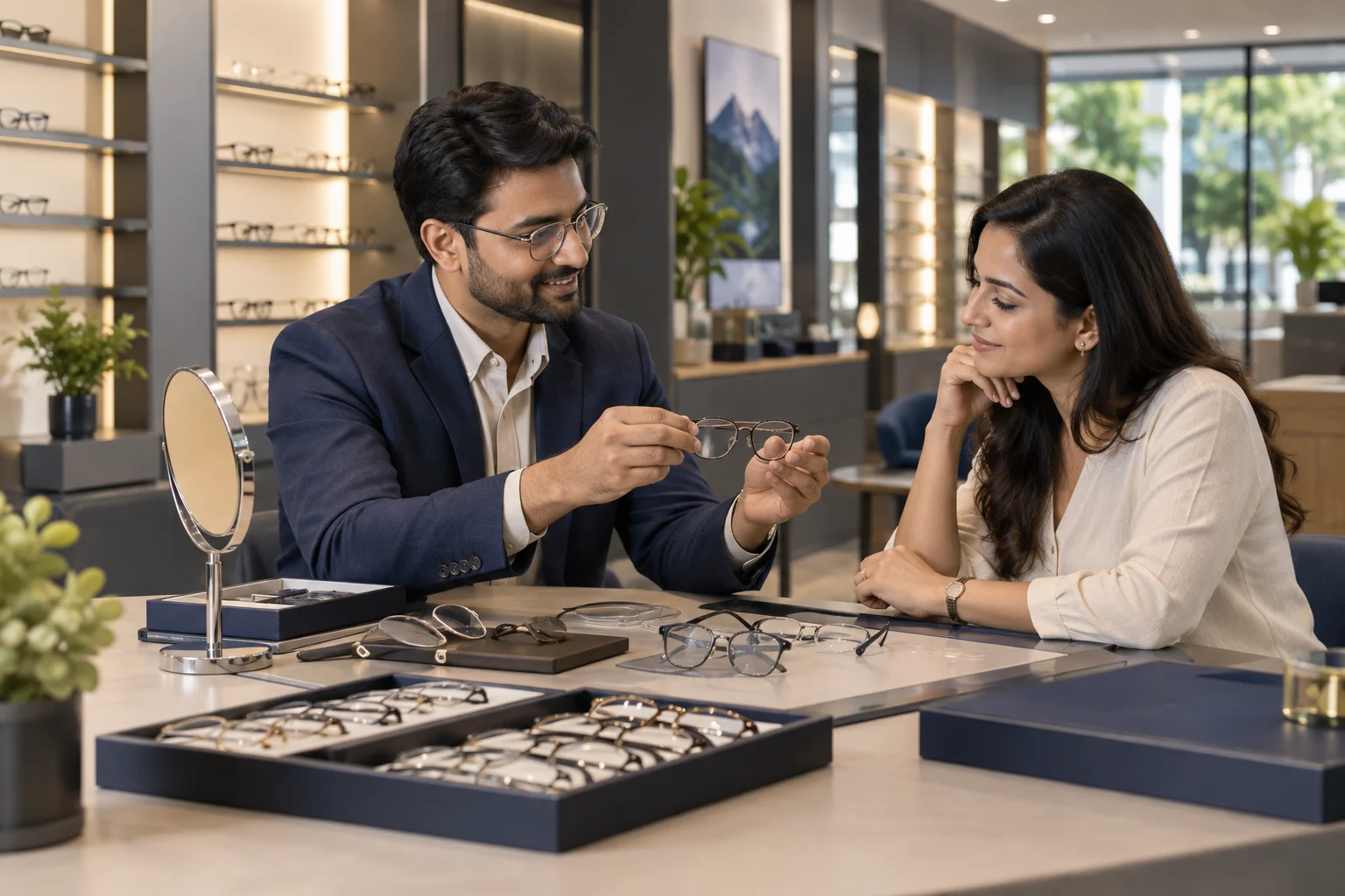 An optical retailer consulting with a customer in an independent eyewear store