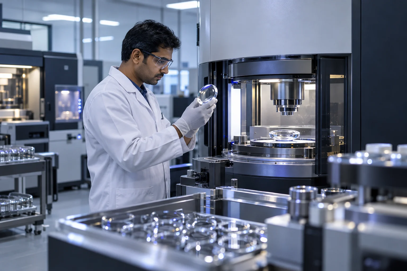 A technician working with precision equipment in a modern optical lens laboratory